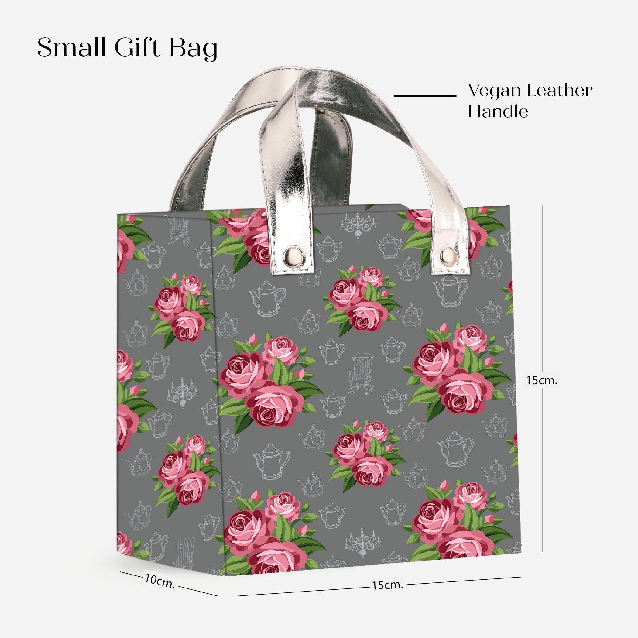 Royal Gray Rose Gift Bag with Vegan Leather Handle