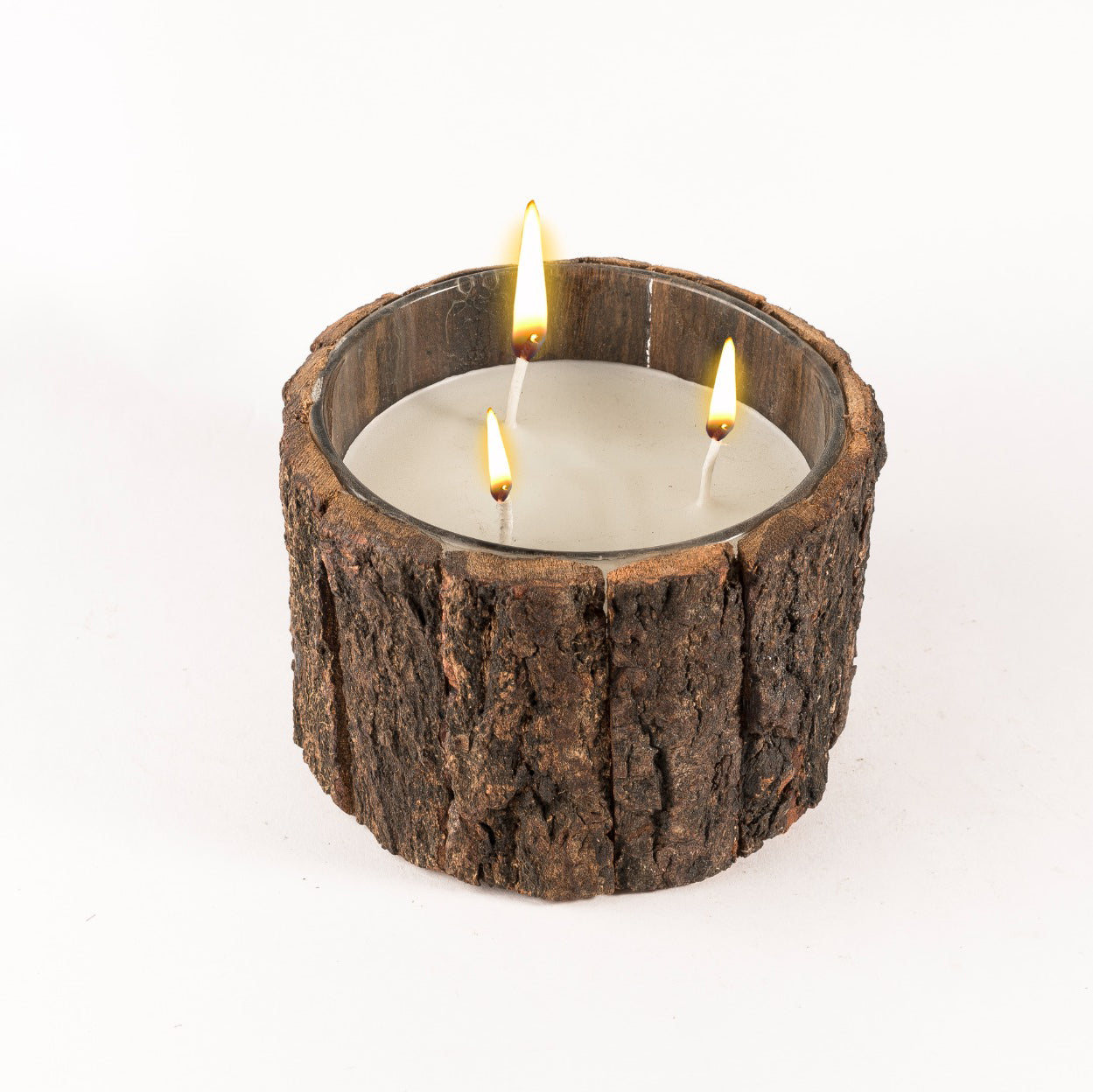 Wood Bark Glass Candle with Three Wick