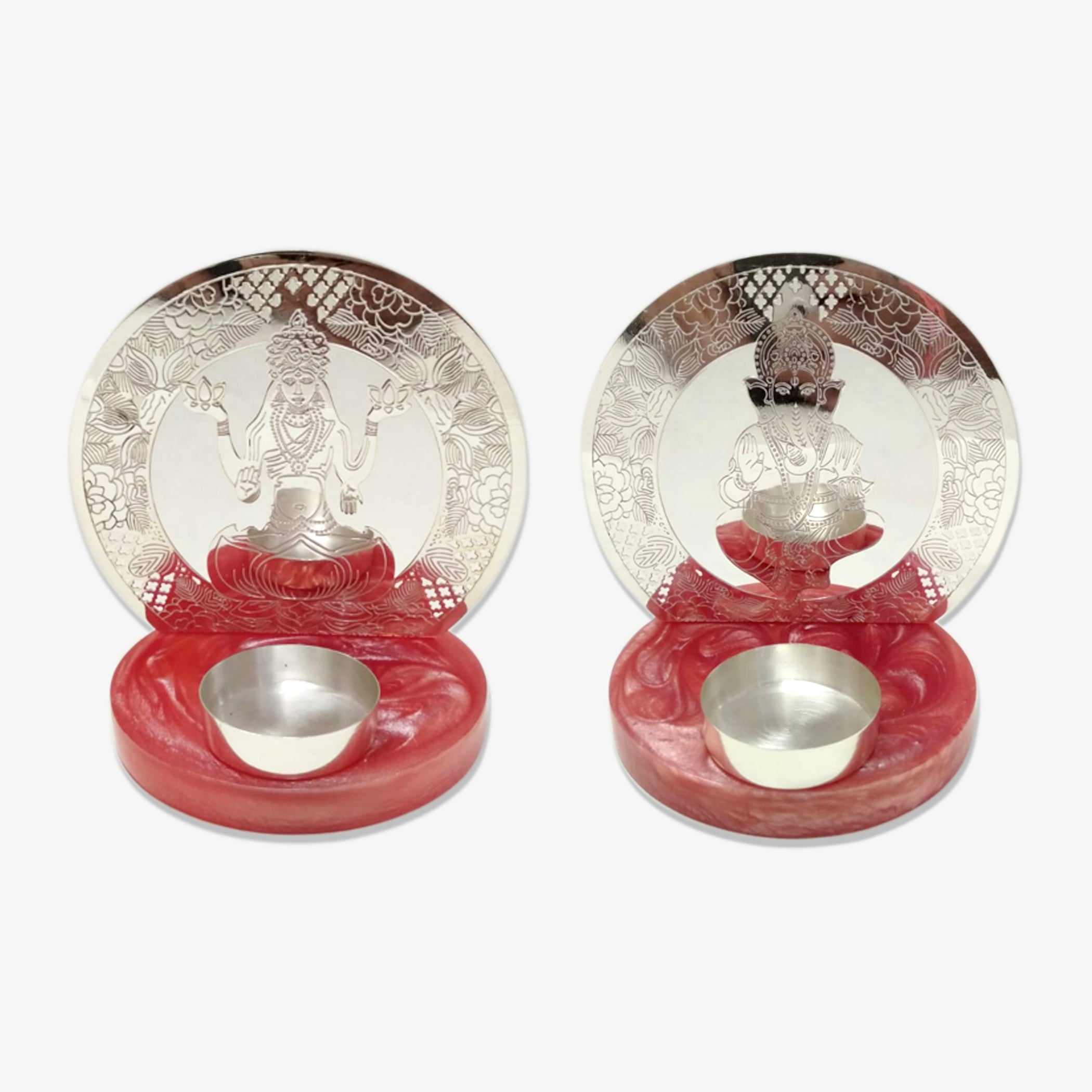 Silver Plated Laxmi & Ganesha T-Light Holder Set